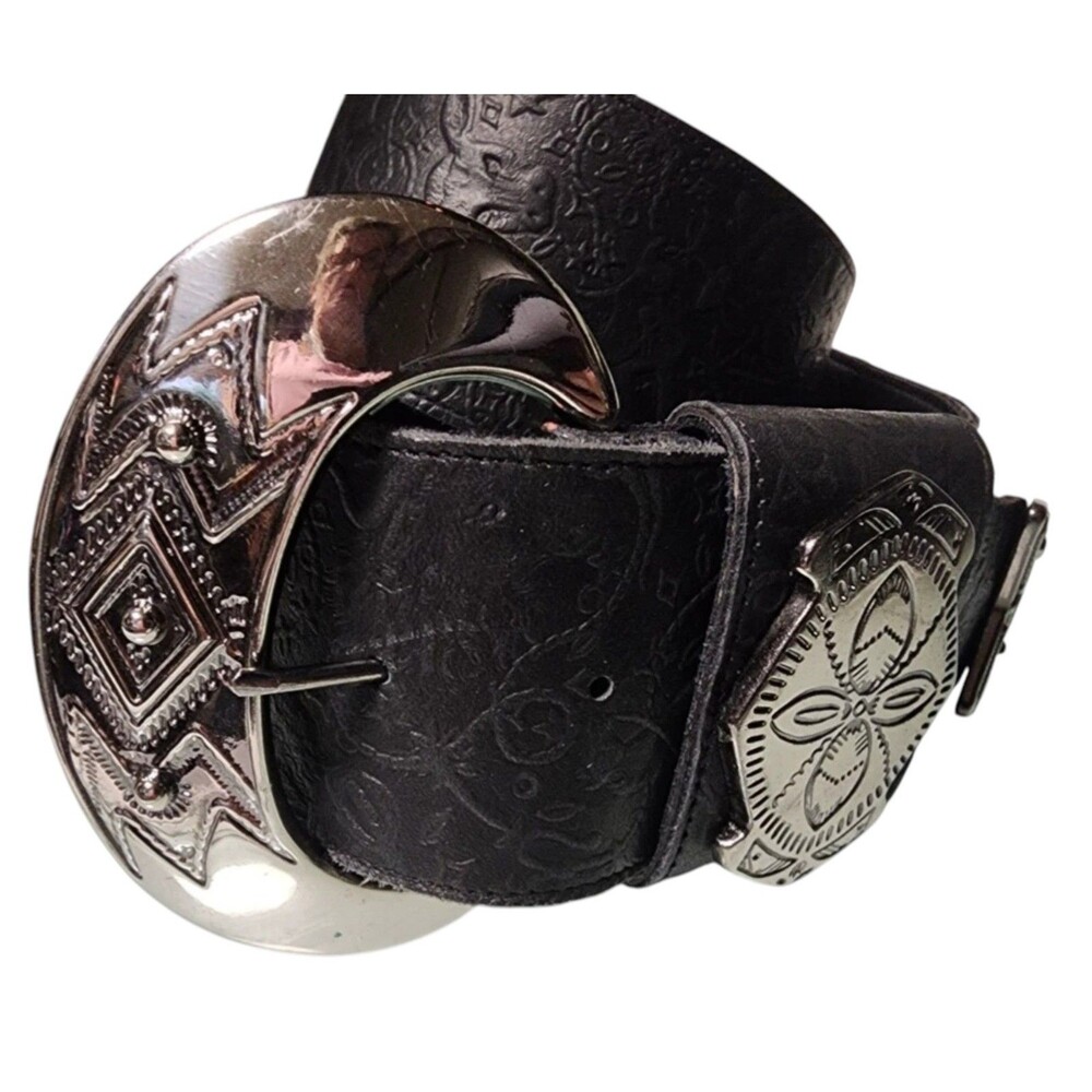 Black Leather Embossed Belt Silver Buckle Length 39"